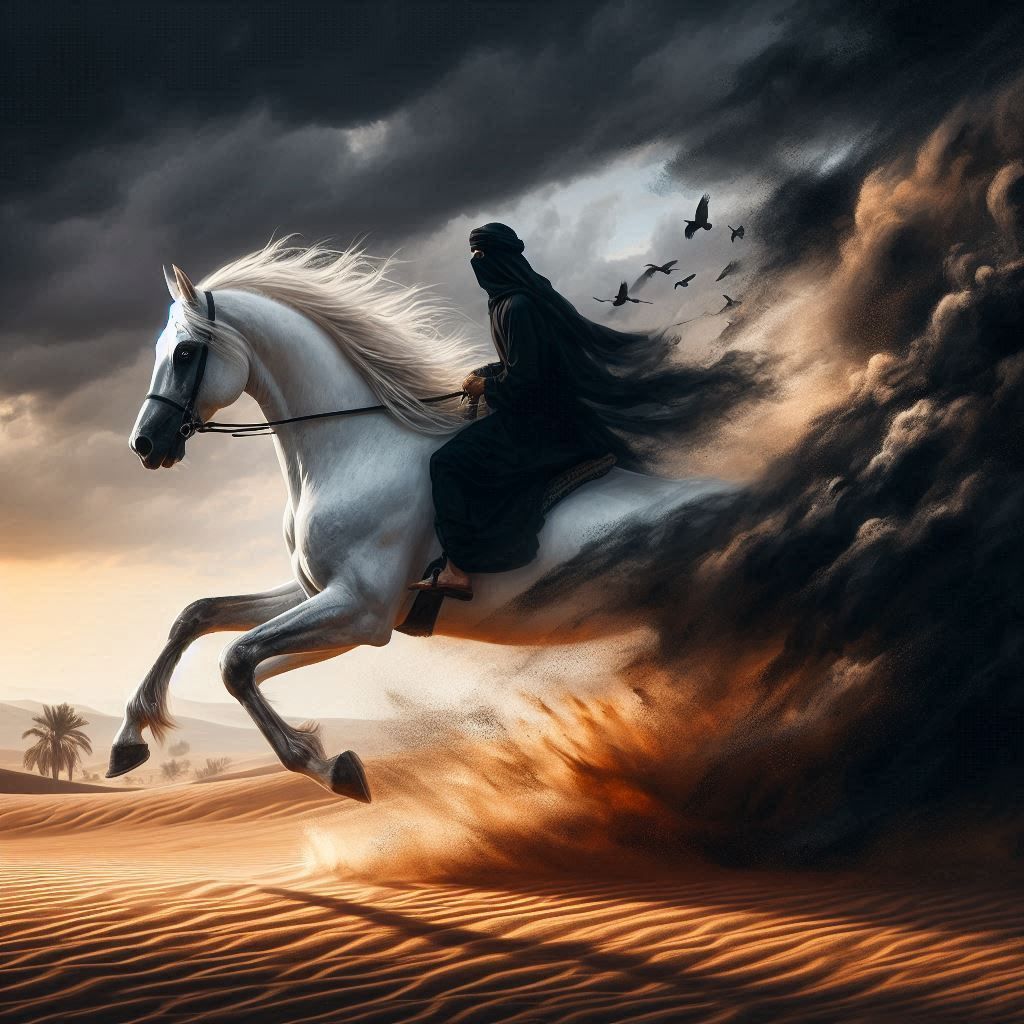 painting of a pure white Arabian horse with Bedouin rider in black galloping through a desert plain outrunning a dark sandstorm, digital art...