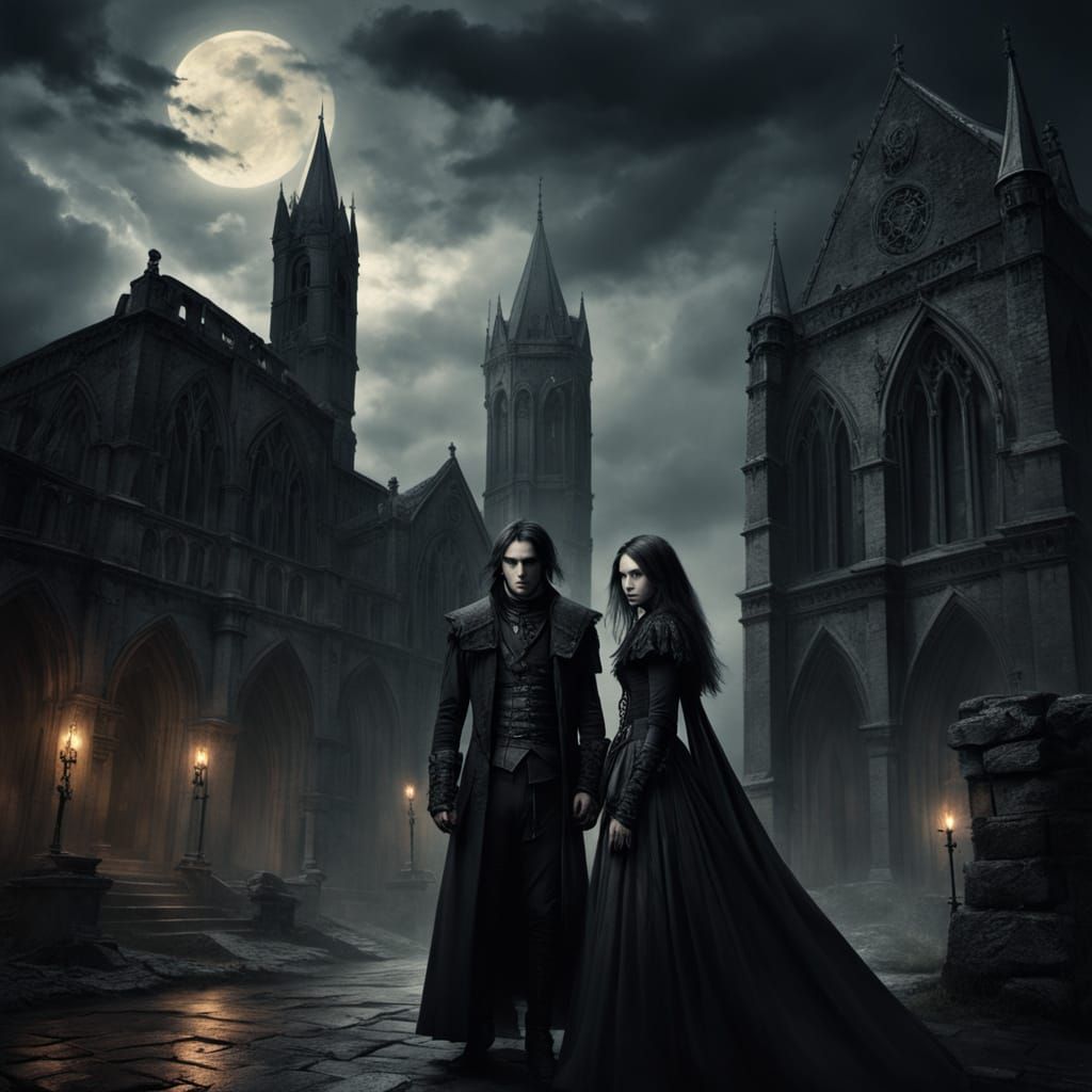 L’atmosphère est chargée de tension, entre amour interdit entre humain et vampire  et destin tragique. En arrière-plan, des chevaliers catha...