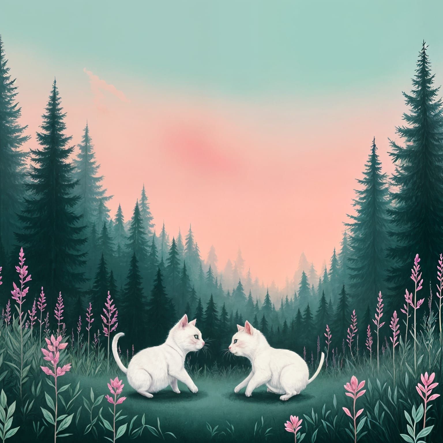 Abstract Kittens : <lora:CSS2Flux:1.0> A pair of kittens playing in a clearing with blooming plants and surrounded by forest,  a sky shading from blue to pink,...