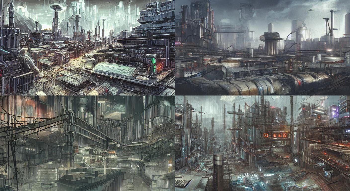 Old Industrial District, science fiction, otherworldly, cyberpunk, dystopian