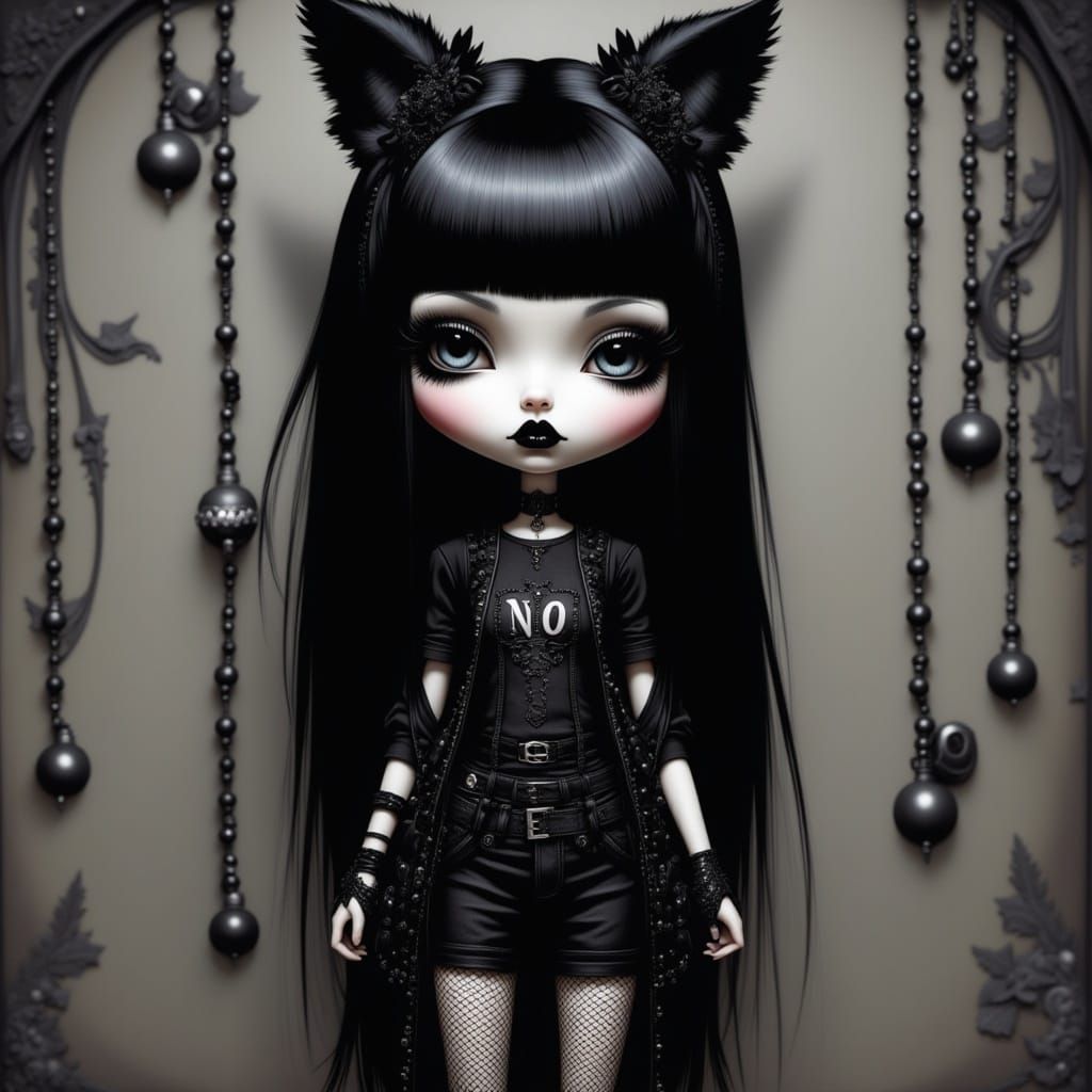<lora:Goth Punk Flux:1.0> Cute goth Blythe doll, black gothic punk style outfit, and makeup, lace, black jeans,  ripped fishnets, black tee...