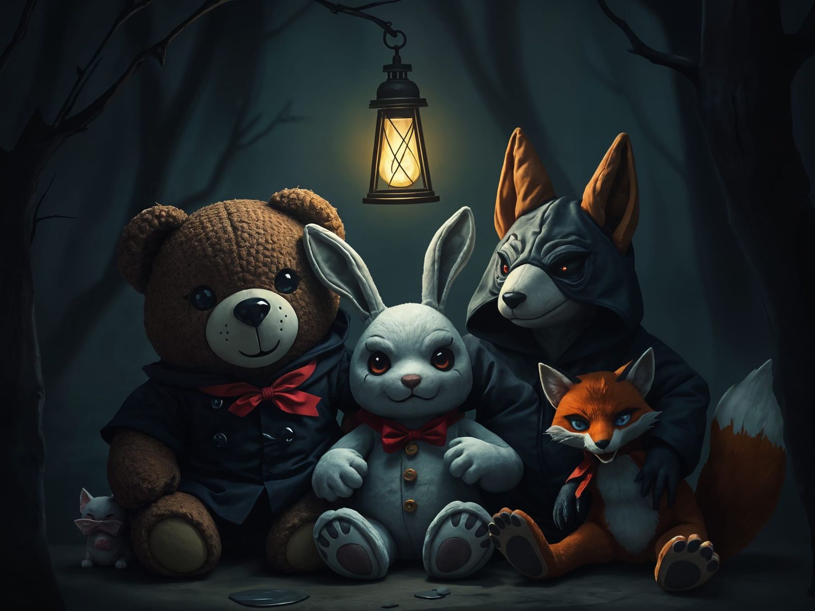 Evil Plush Animals Huddled Under Lantern