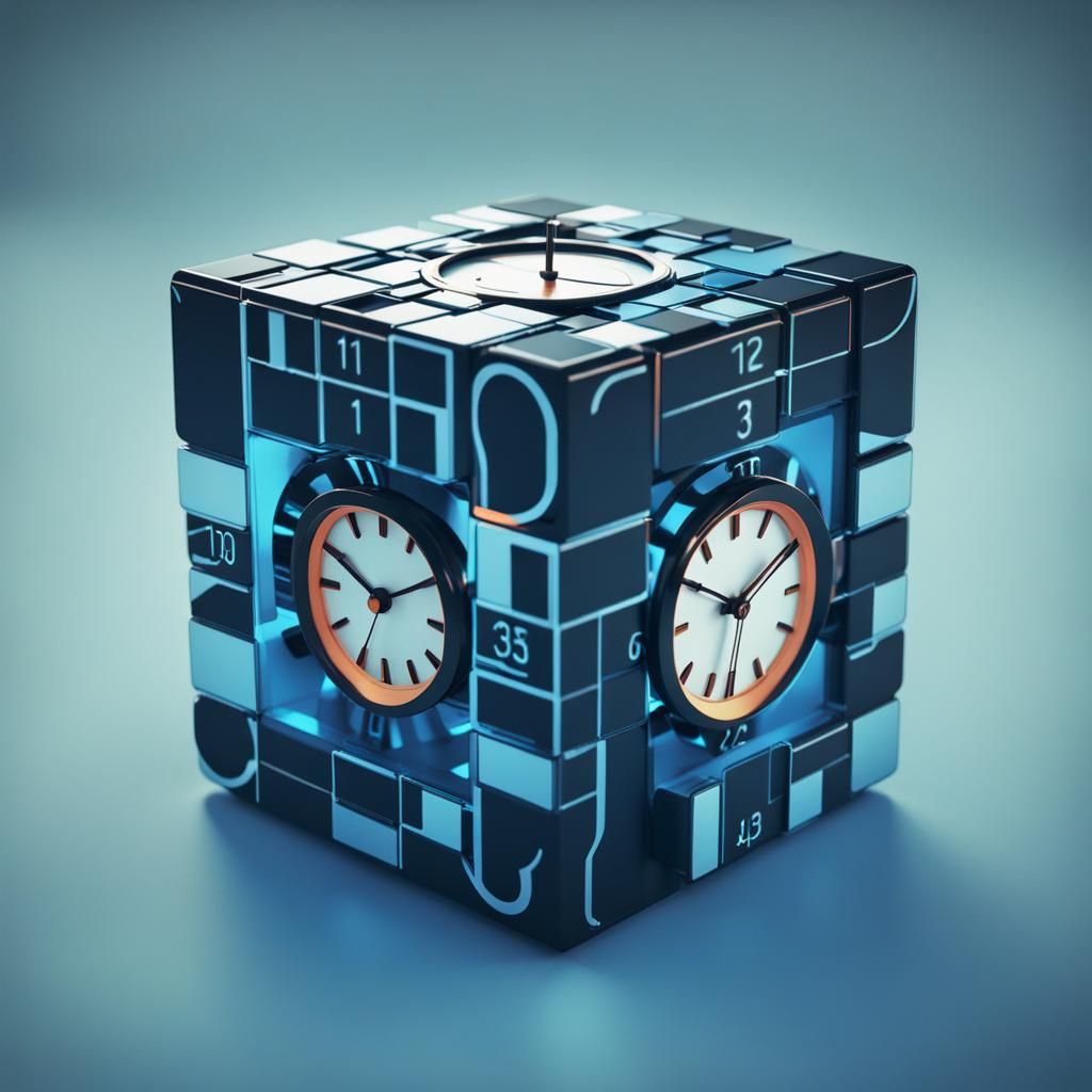 intense close-up of a Kubrick's Cube with a clock on it, cut...