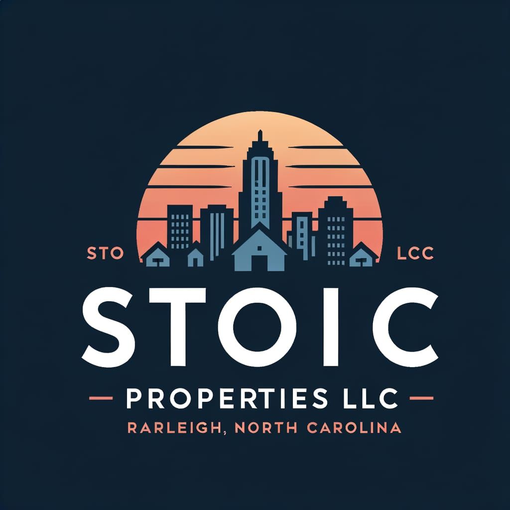 Create a logo the logo must contain the term "Stoic Properties LLC" that represents real estate with a skyline of Raliegh, North Carolina in...