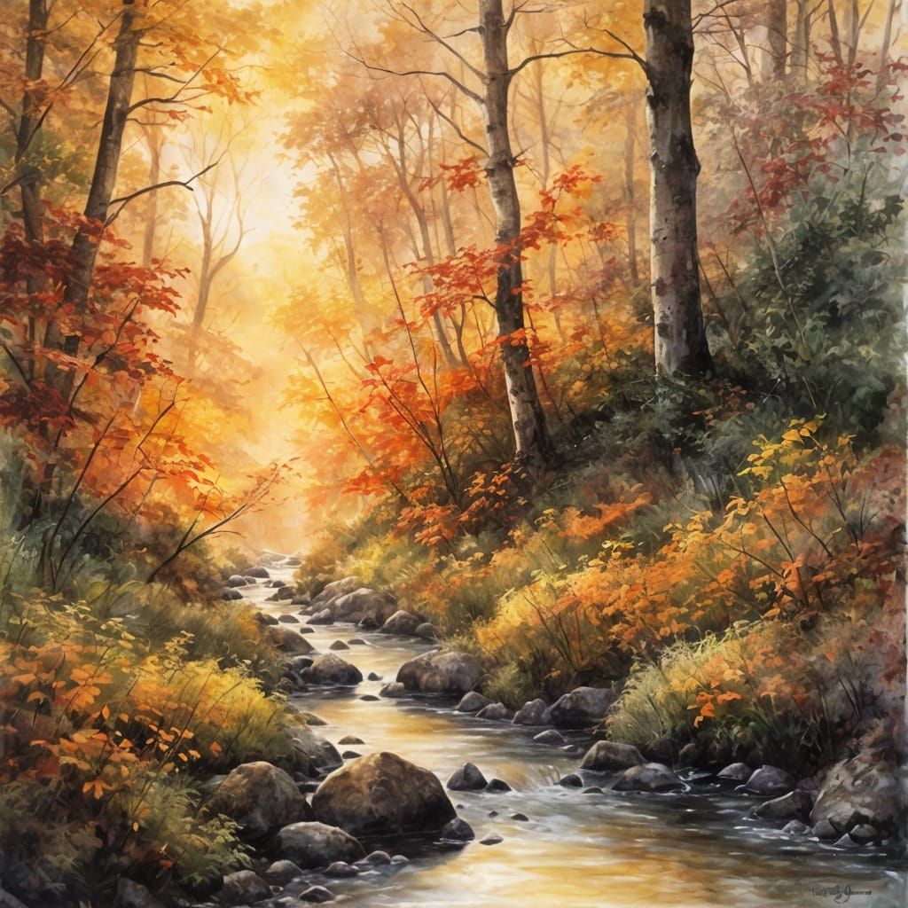 Ethereal Forest Stream at Sunset in Hyper-Realistic Watercol...