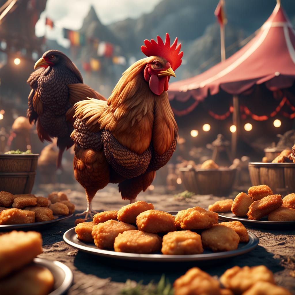 a chicken eating chicken nuggets at a festival 