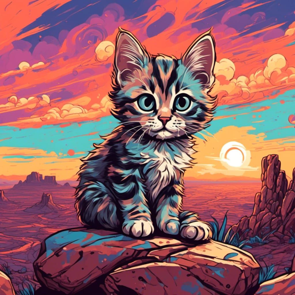 A Grumpy Kitten sitting on a rock, stunning desert sunset. Endless landscape view. <lora:Even more stuff:1.0>
