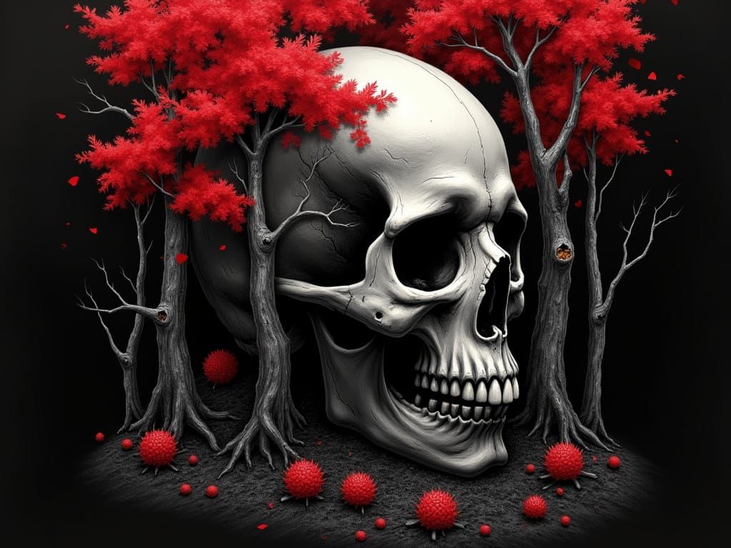  skull, forest, Charcoal, ink, grey and red , in the style of a really edgy artist. black background, grey shading (Lomographic:1.4) (Depriv...