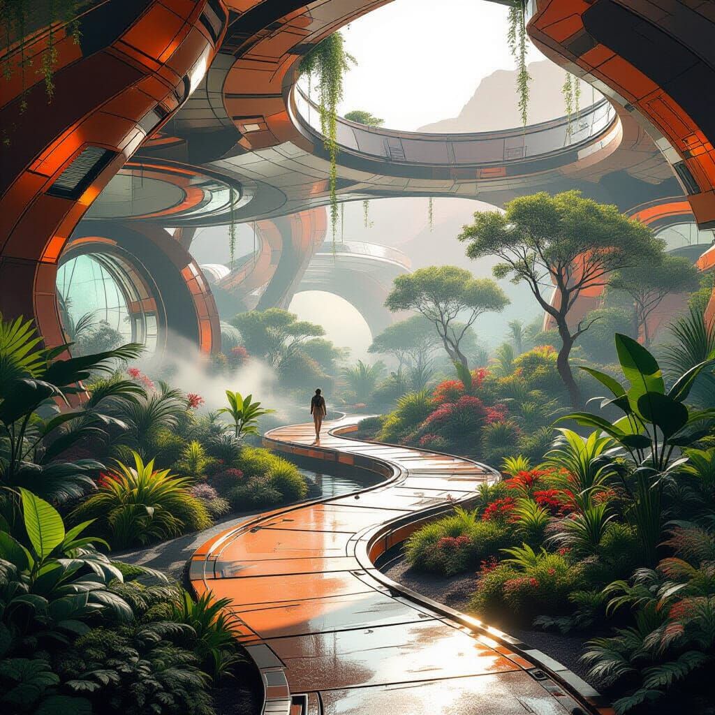 A futuristic botanical garden on Mars, filled with strange and alien plants, bathed in the soft glow ...  by @Melinda Gránitz