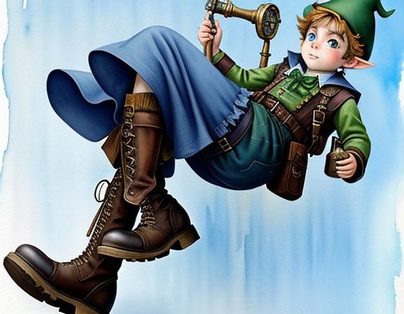 A steampunk leprchaun gnome wearing boots and carrying steam...