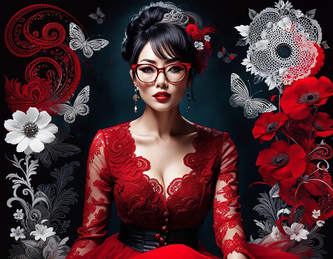 Lady in Red Eyeglasses: Mixed Media Paisley Portrait