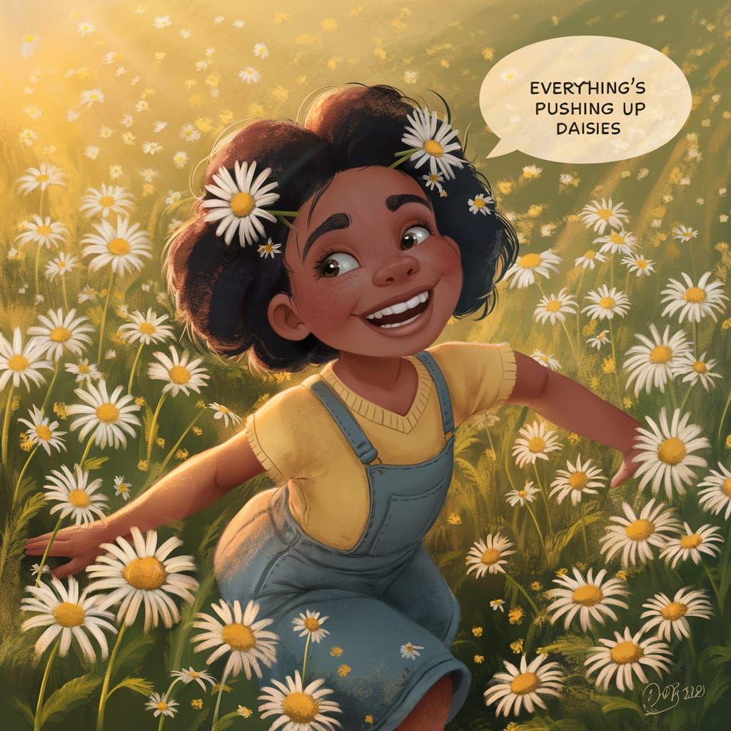 "Everything's pushing up daisies," conversation bubble. Litt...