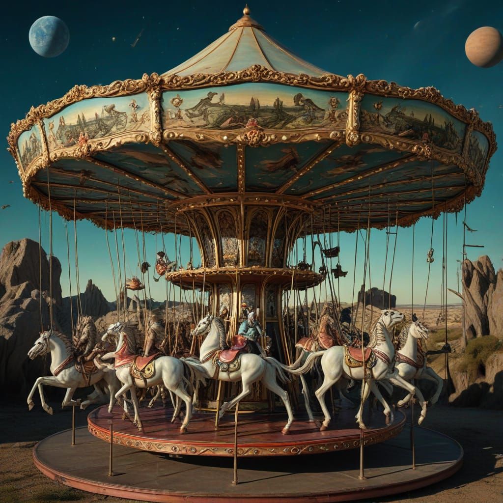 Surreal Cosmic Carousel With Aliens and UFOs