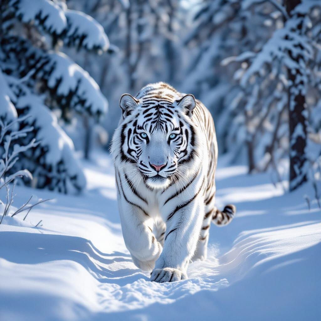 Majestic White Tiger in Snowy Forest
