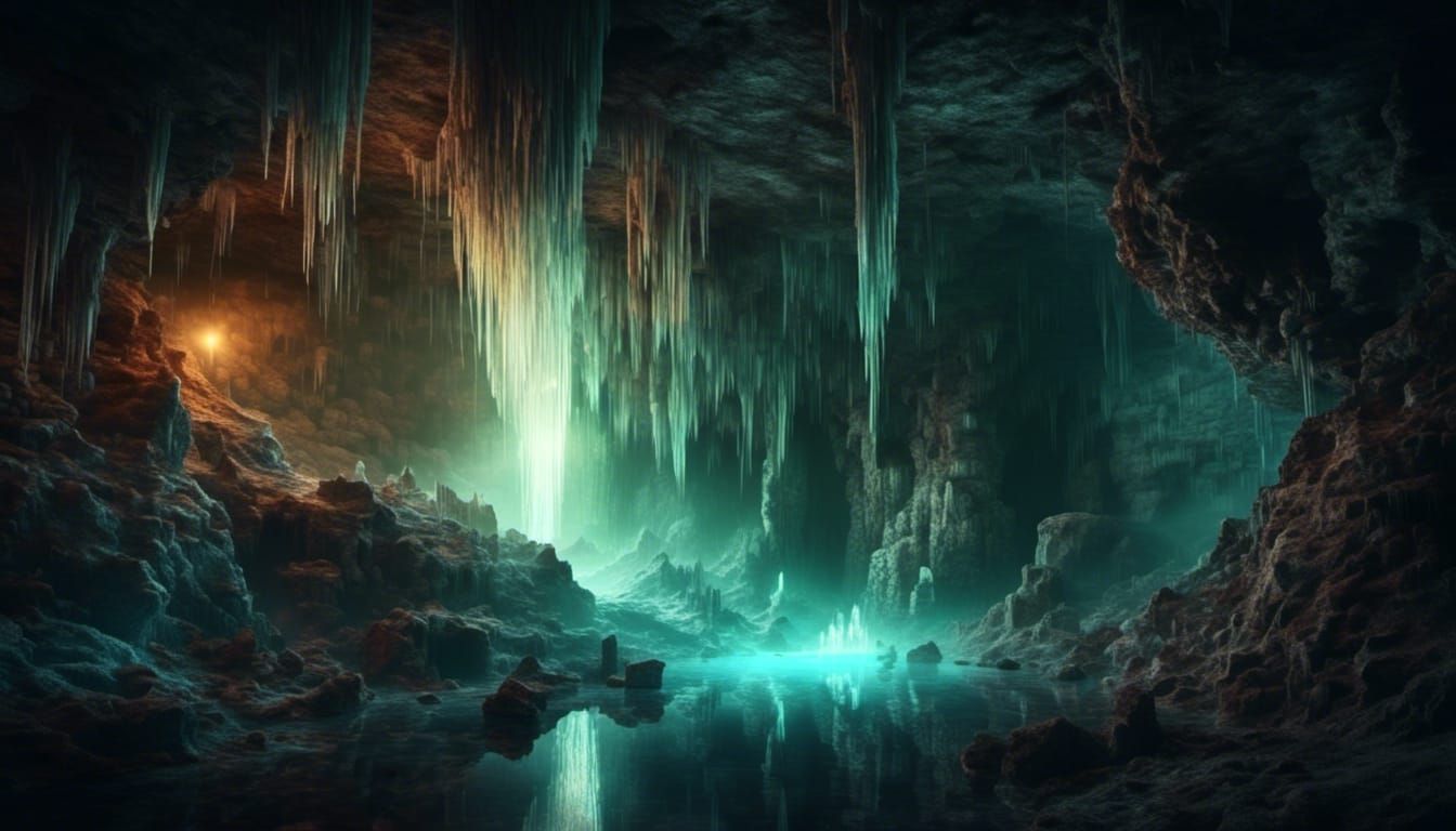 <lora:Ghostly:1.0> Mysterious underground cave with glowing crystals and an underground river, dark, mysterious, underground landscape, high...