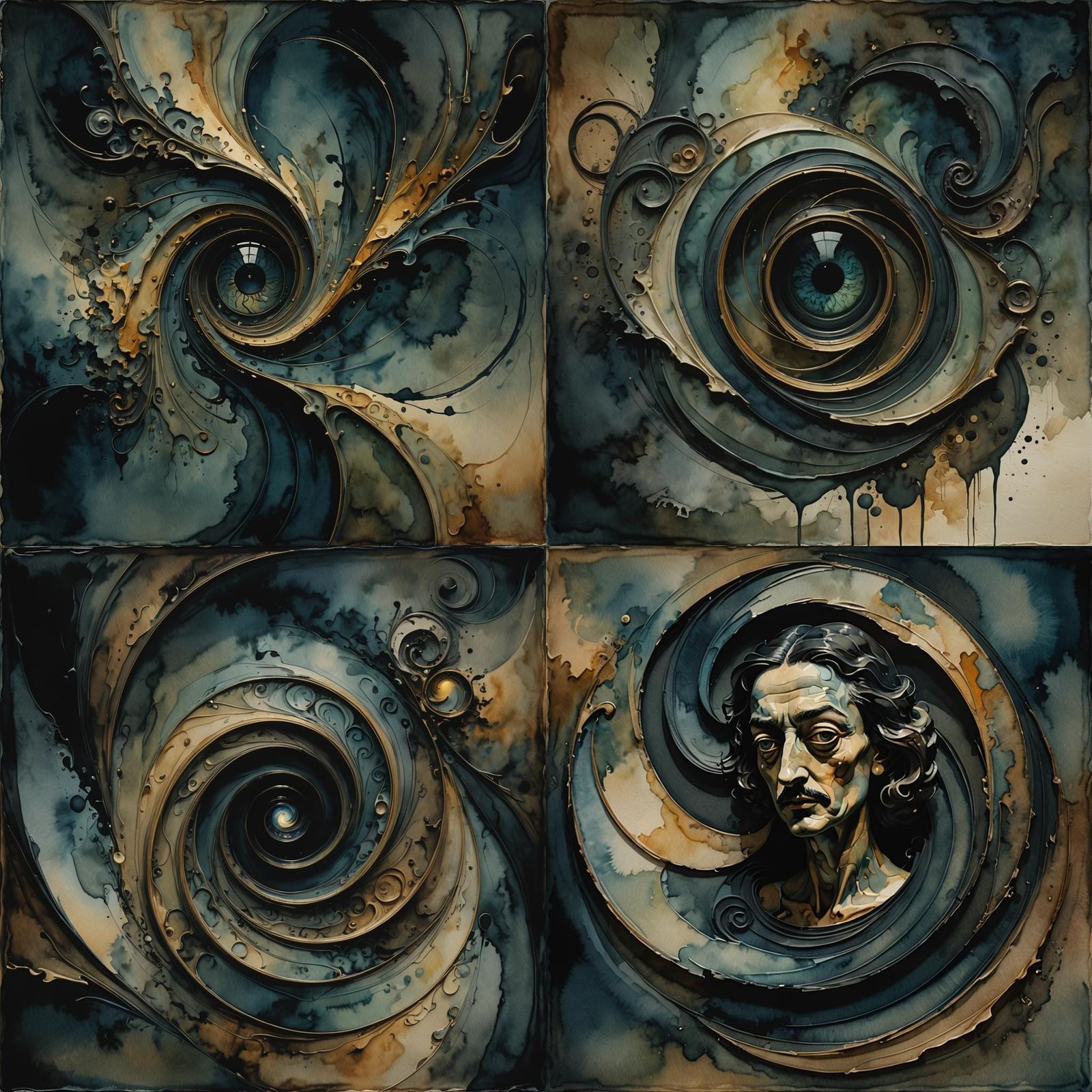An abstract composition of swirling shadows and muted colors...