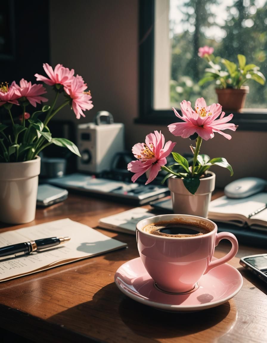Act as a professional photographer. Cup of coffee beside pin...