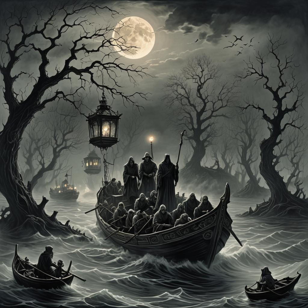barge of the dead, sinister painting  by @Easter Bunny