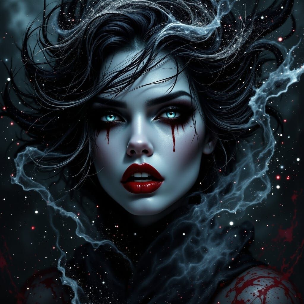 <lora:Dark Vampiress:1.0>; fine arts; drawing on paper; illudtration; shimmering sparkling metallic silver particles;  dry ice mist; vampire...