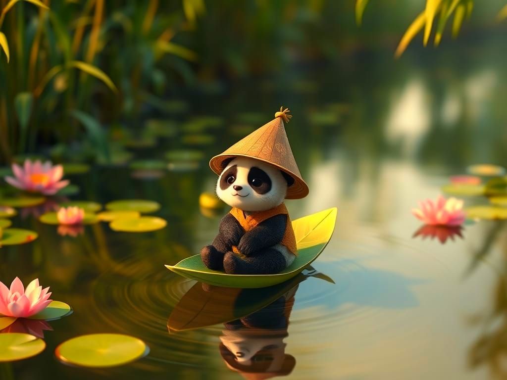 Tiny Panda floating down the lotus pond  by @JoCo