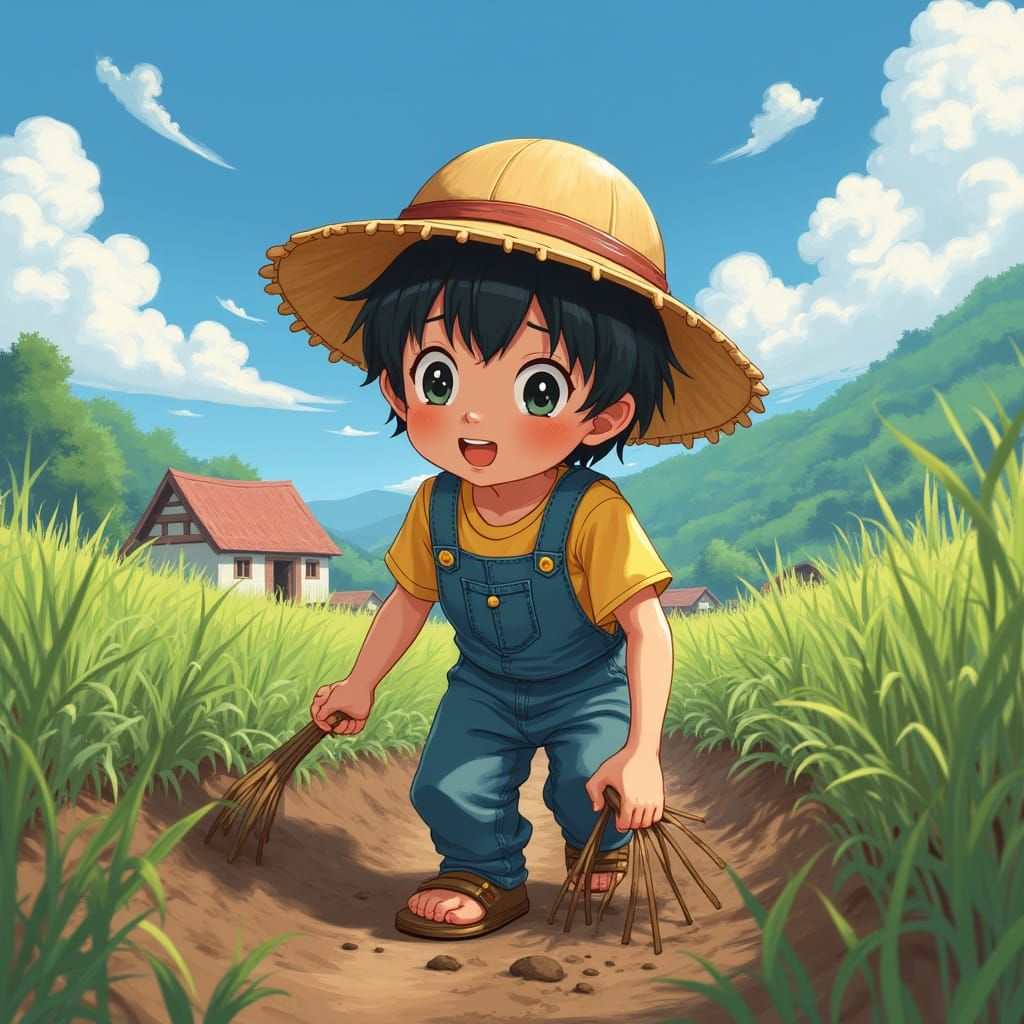 Child Working Earth in Anime-Inspired Rural Village