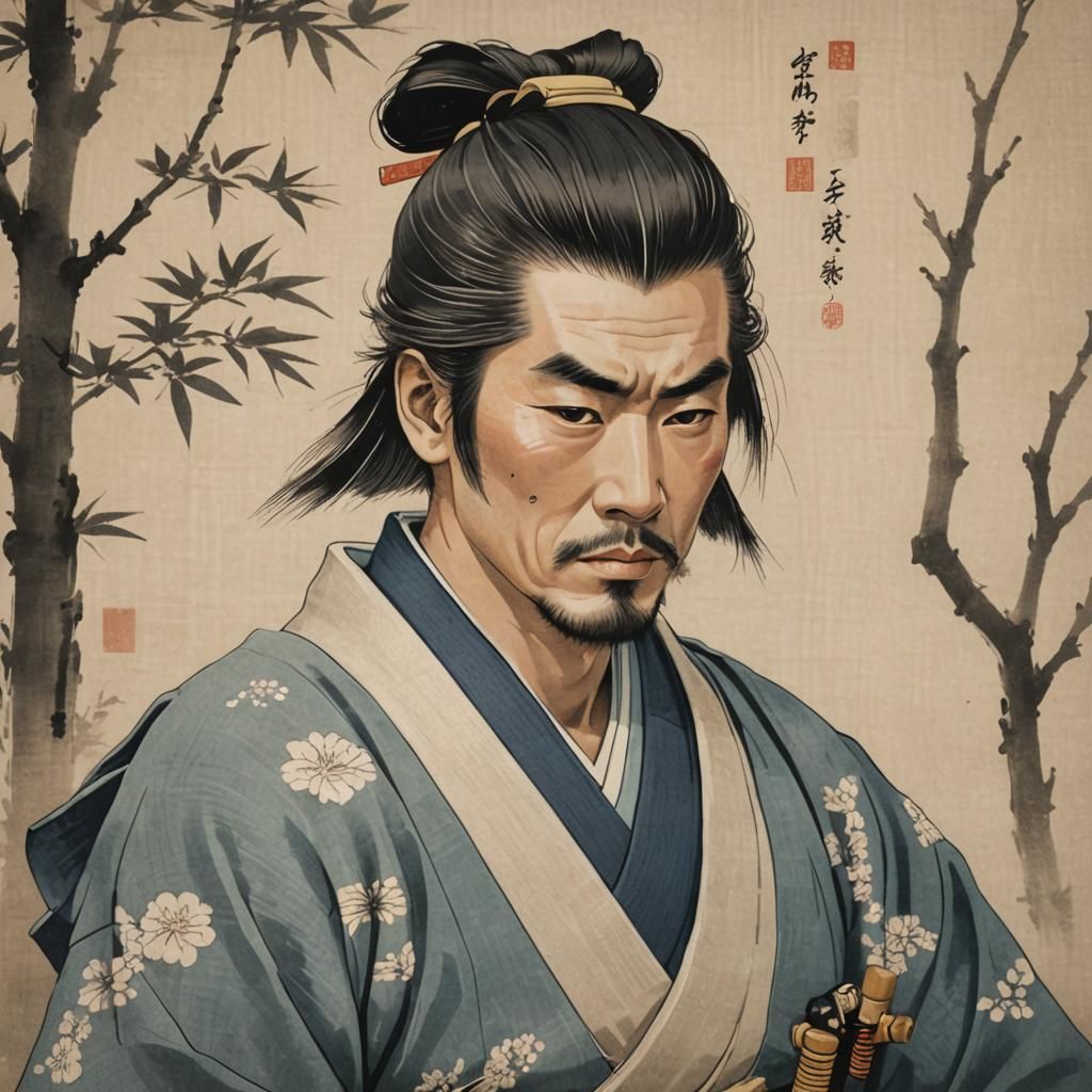 A portrait of a samurai, styled with the characteristic simplicity and elegance of Ukiyo-e.  by @Thyke