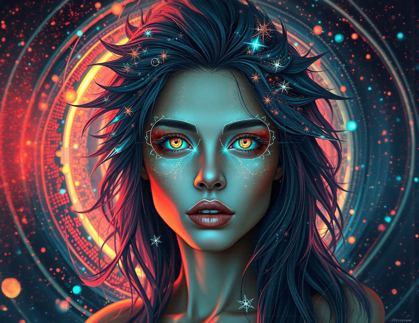 A portrait of a bioluminescent woman, her face distorted by digital glitches and chromatic aberrations. Her mane of starlight is fragmented...