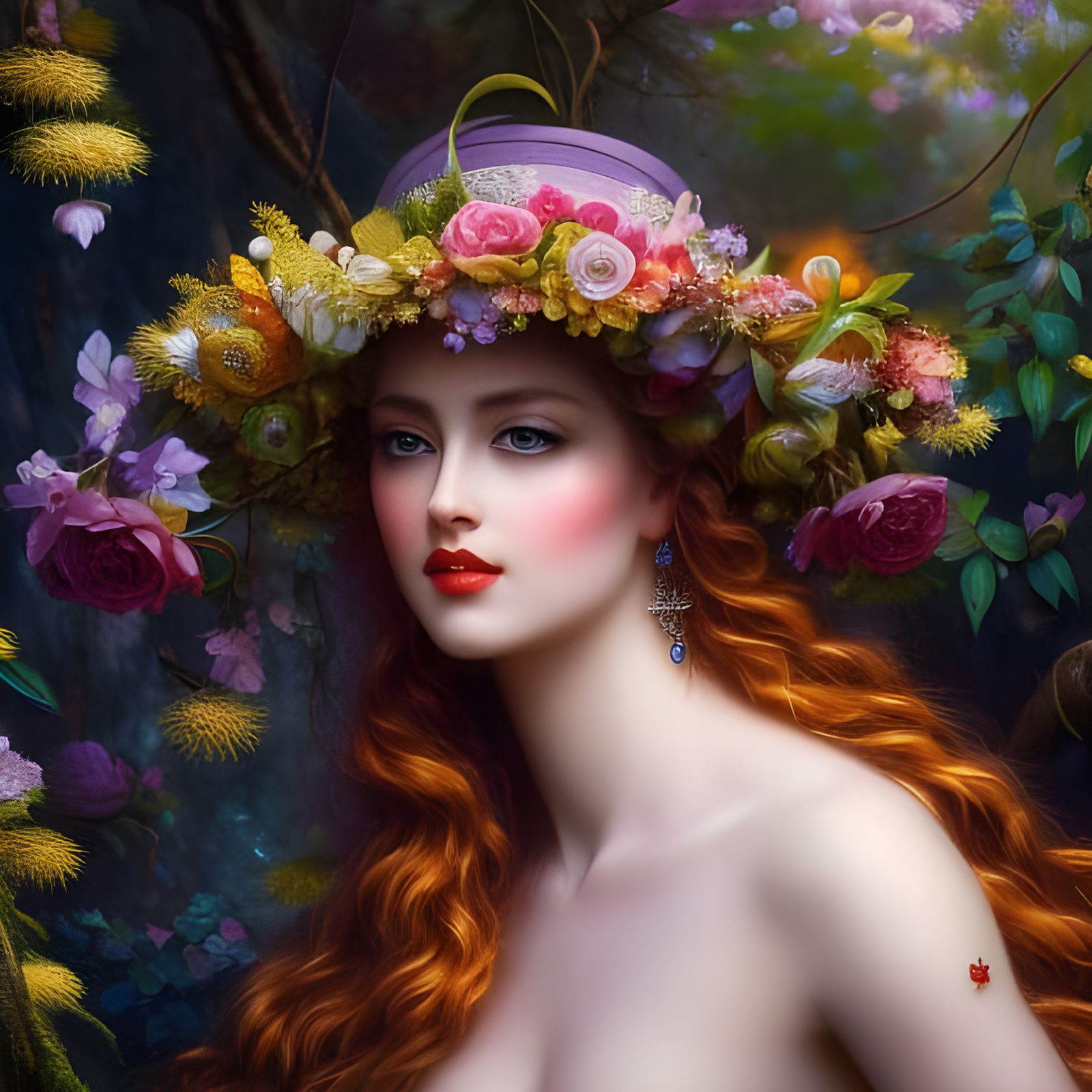 Beautiful amber heard Goddess wearing a sublime hat made of flower, surrounded by flowers aureola, Leng ...  by @Amazon Queen