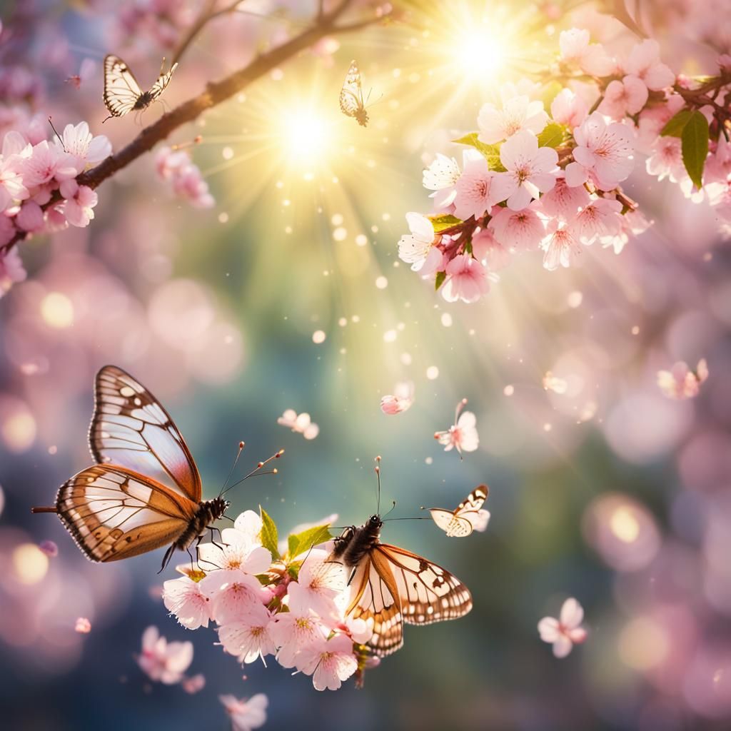 Magical image of butterflies in cherry blossoms surrounded by rays of light