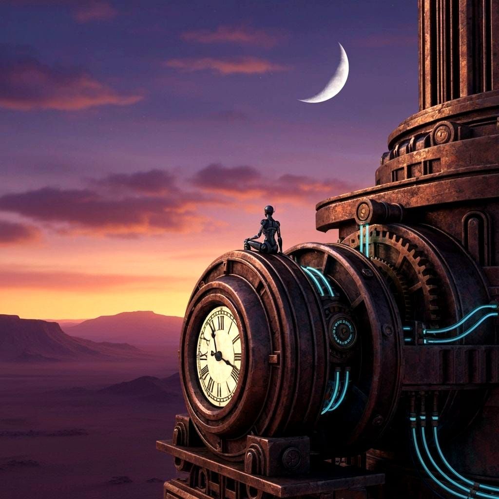 Close up of a solitary figure, a female robot, sits atop a colossal, ancient clockwork automaton that overlooks a vast, tranquil desert land...