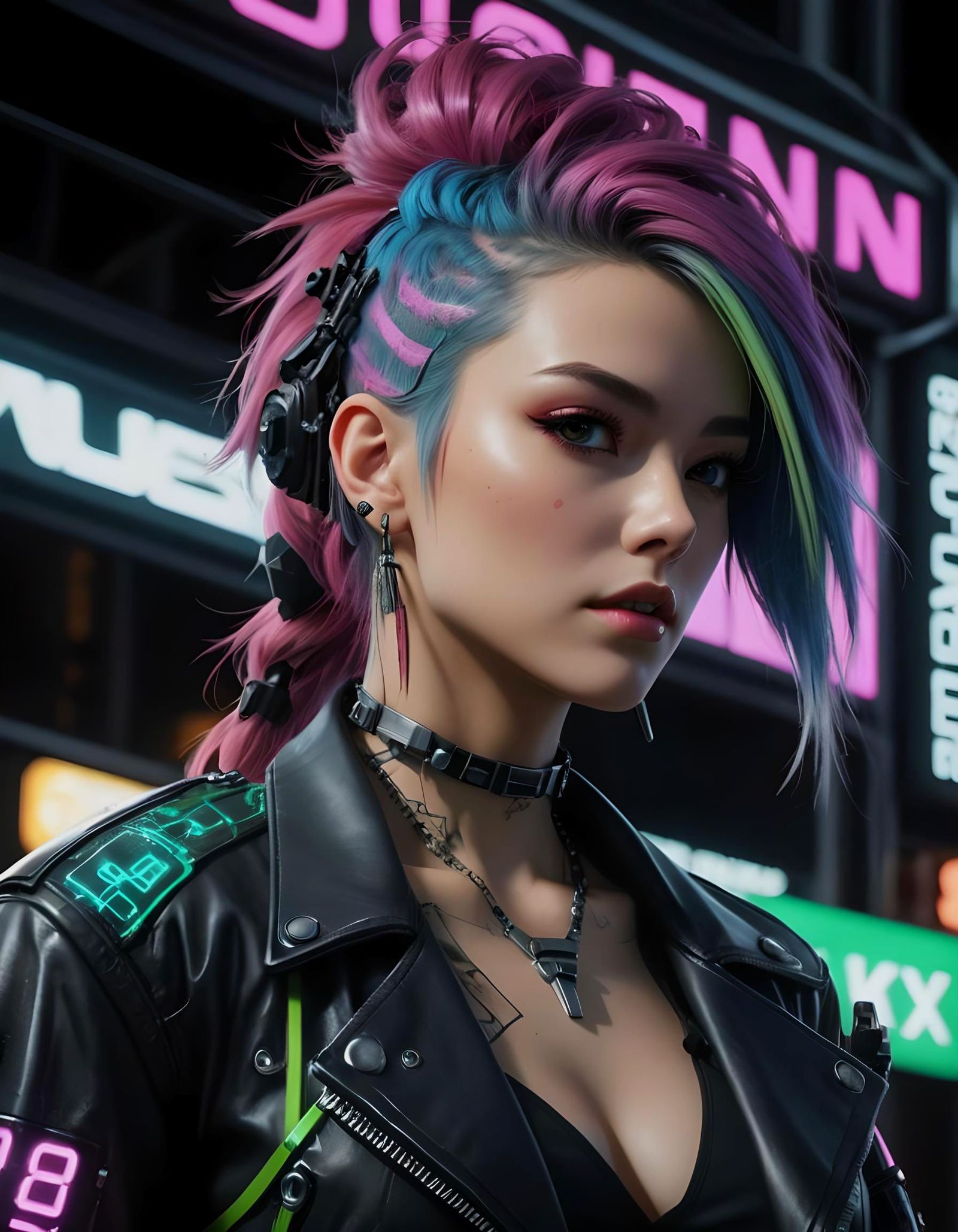 Cyberpunk Punk Woman with Green Mohawk in Neon City