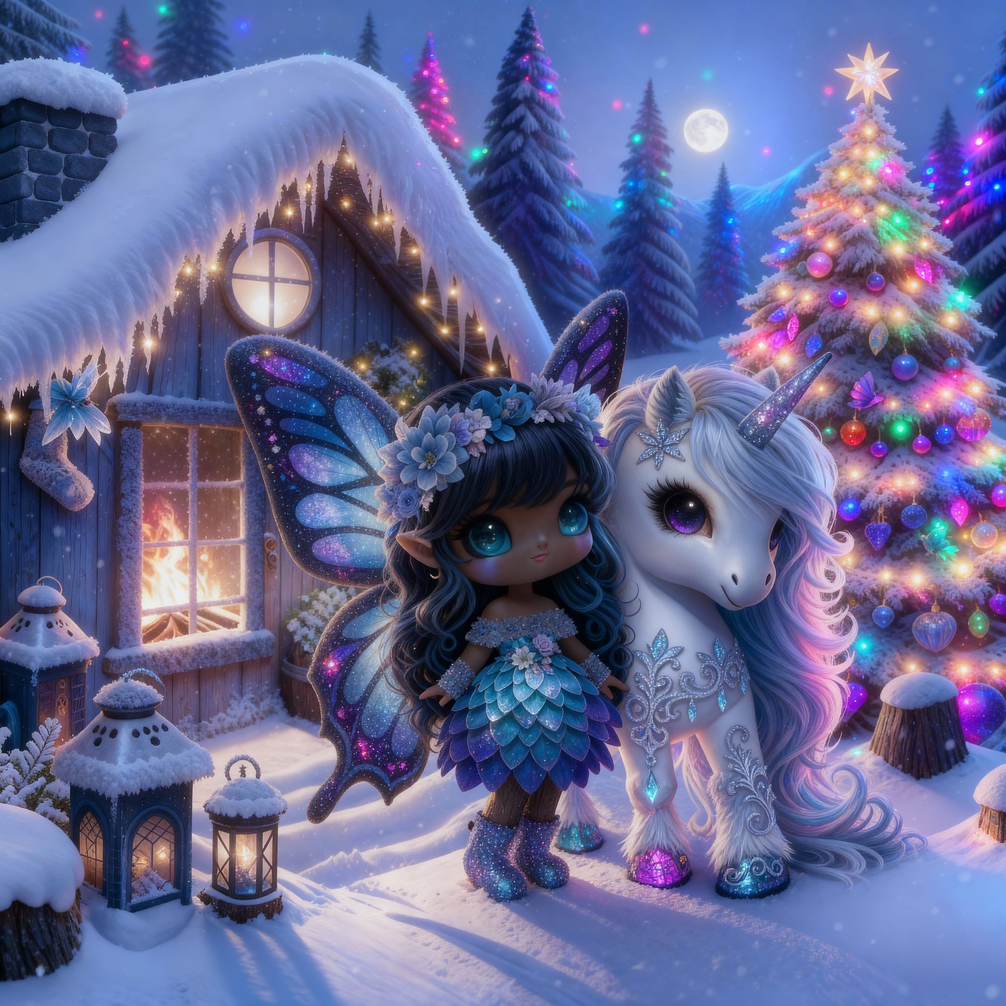 This is an 8k digital painting of a whimsical twilight winter scene. The focal point is a lovable chibi Black fairy adorned with large cyan ...