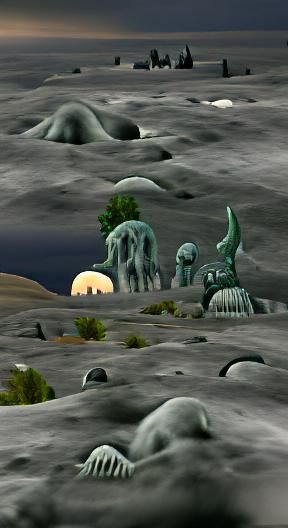 Moonscape with Lovecraftian old gods in the distance