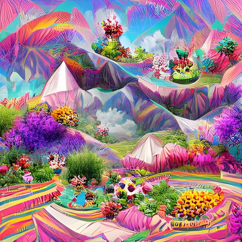 a fantasy garden surrounded by colorful mountains on a whimsical