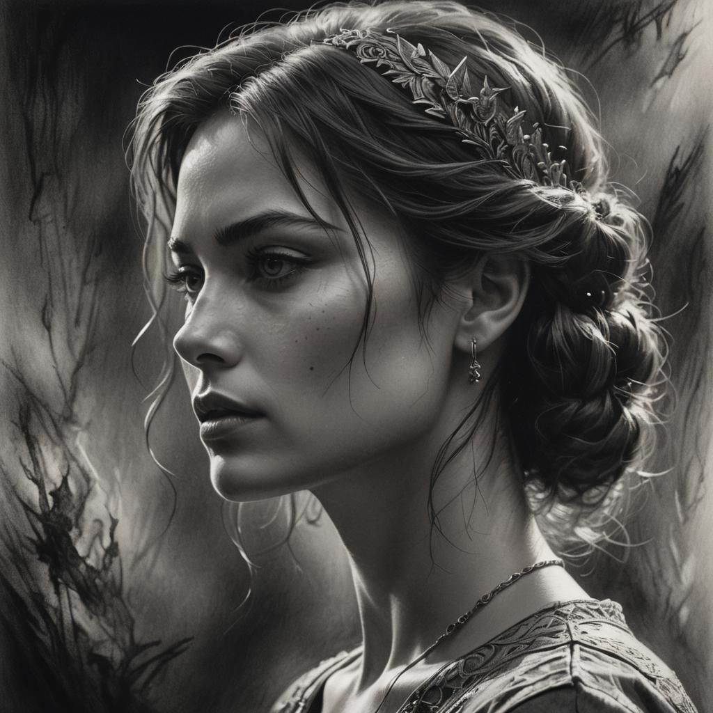 A sharp contrast of light & dark playing across the face of a beautiful woman in profile. hyperdetailed ...  by @KRoseCarol