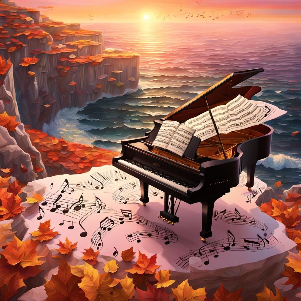 Sunset Piano Serenade: A Triadic Oil Painting