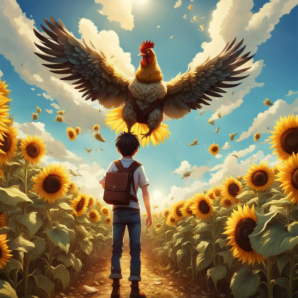 a sunflower field in daylight, with cloudless blue sky, only one chicken is flying in the sky, a happy ...  by @Blue Skies