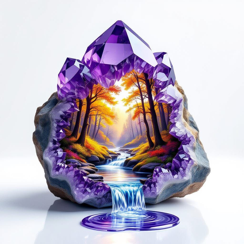 Hyper-realistic, highly detailed illustration of a large raw amethyst crystal on a pure white background. The rough facets of the amethyst s...