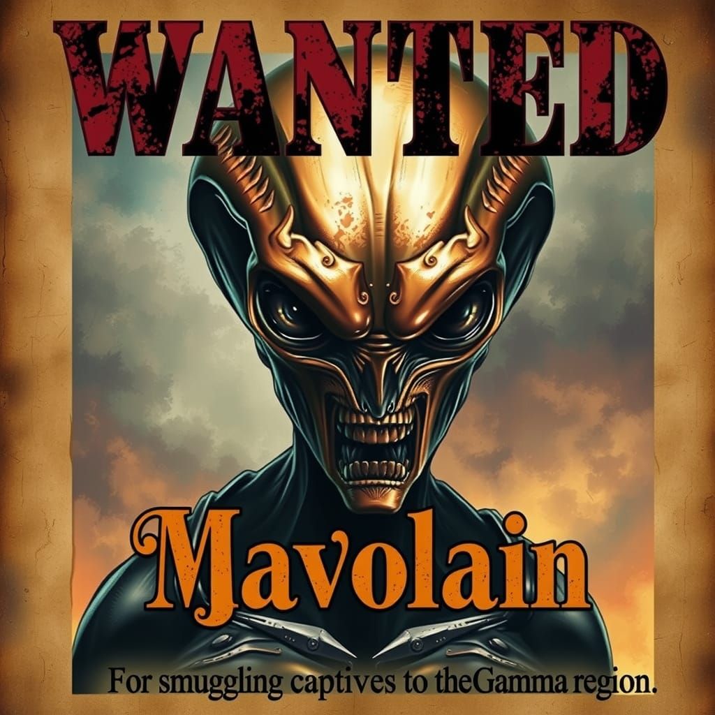Wanted poster of an alien with Copper metal skin and a sinister look, "WANTED" "Mavolain"  "For smuggling ...  by @Dantonio