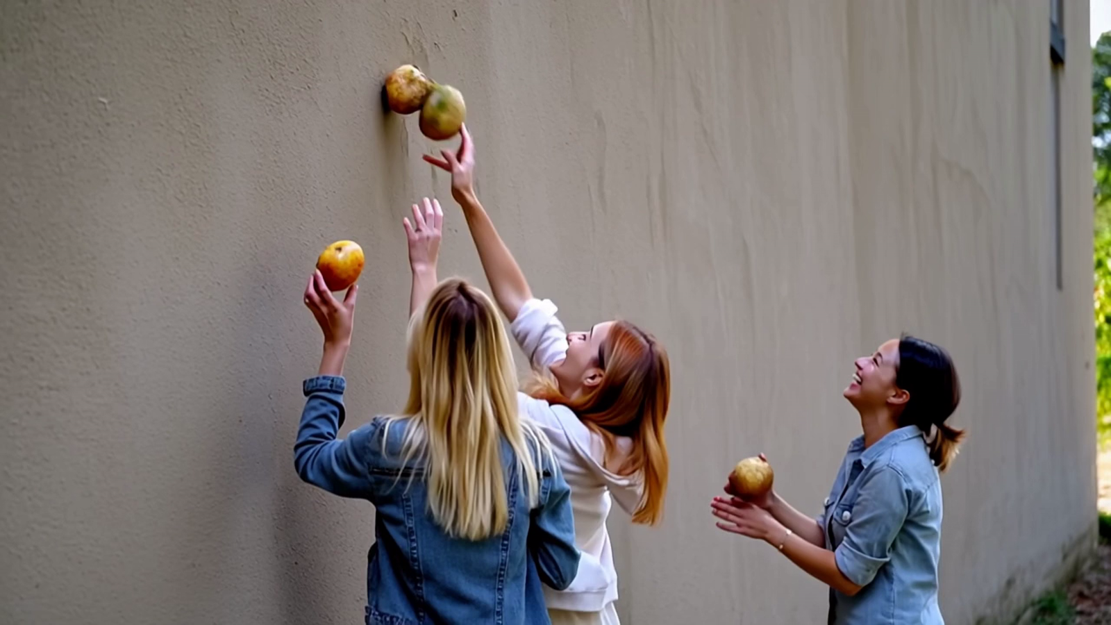 A blonde woman and her ginger haired friend throwing potatoes at a wall while laughing