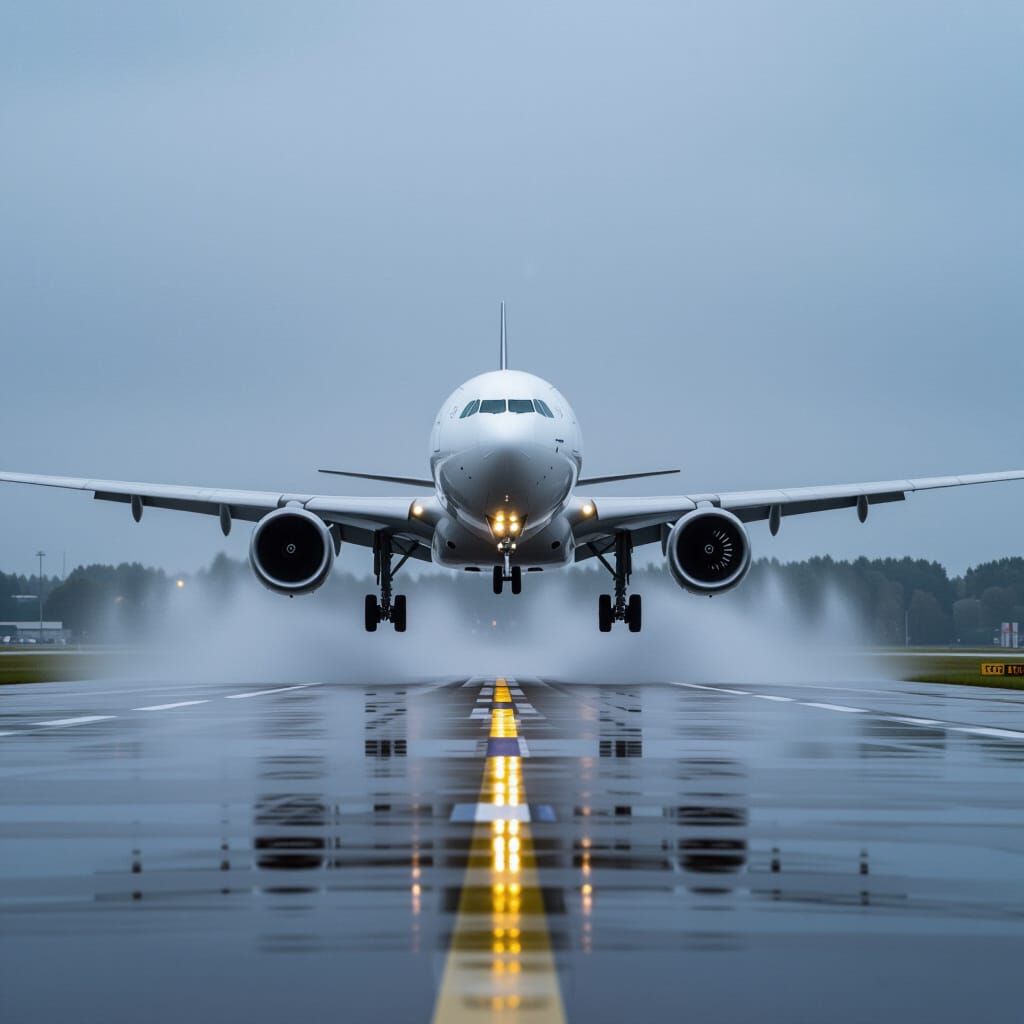 A330 planespotter view takeoff, rainy
