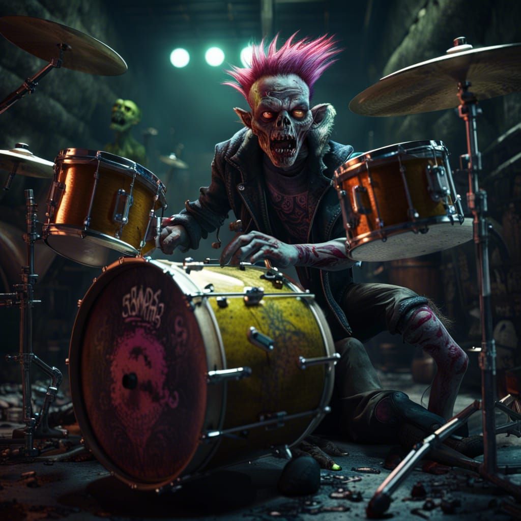 punk zombi playing drumkit in the sewers