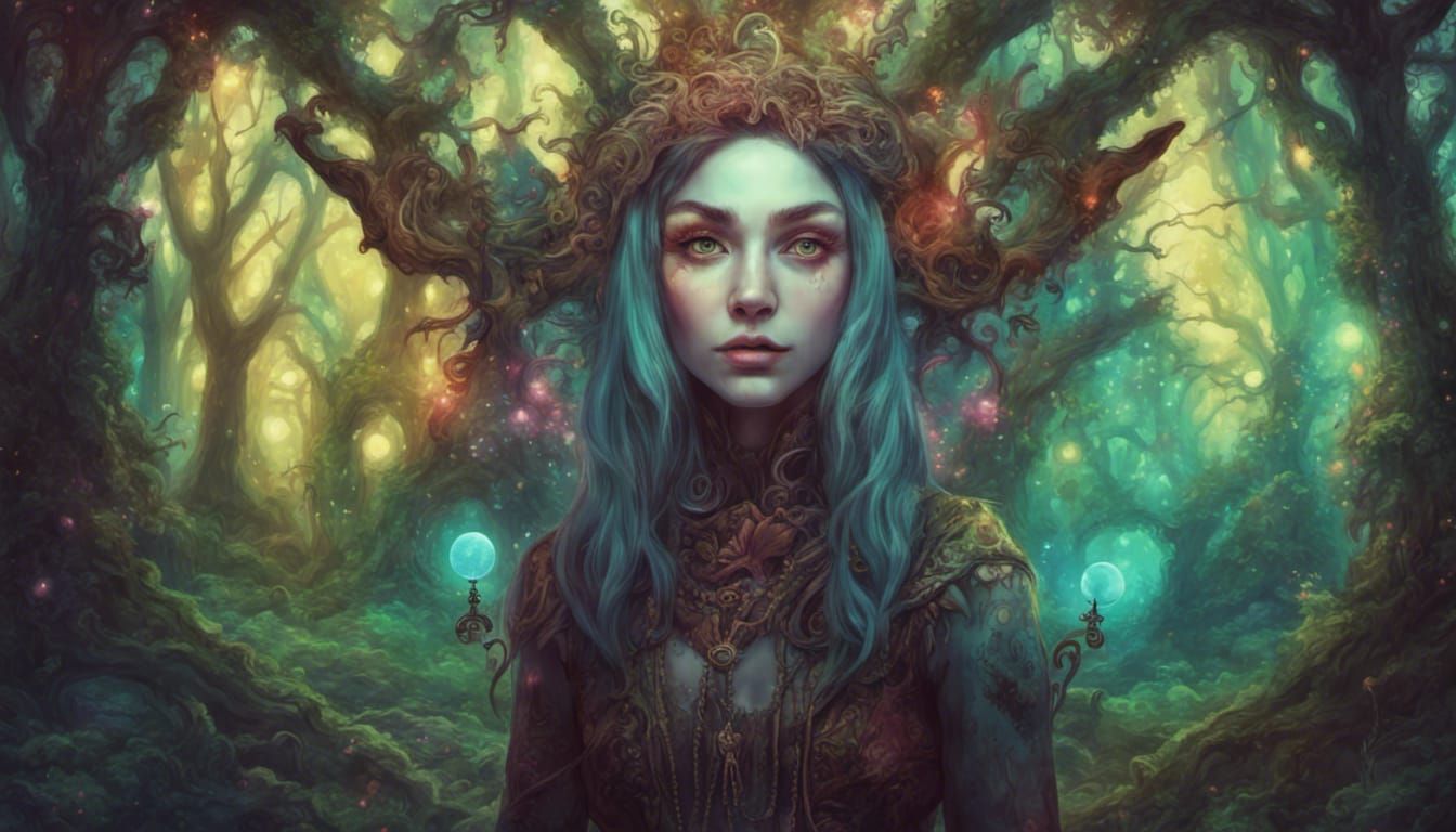 a psychedelic elf selfie in an old fantasy forest, gothic fa...
