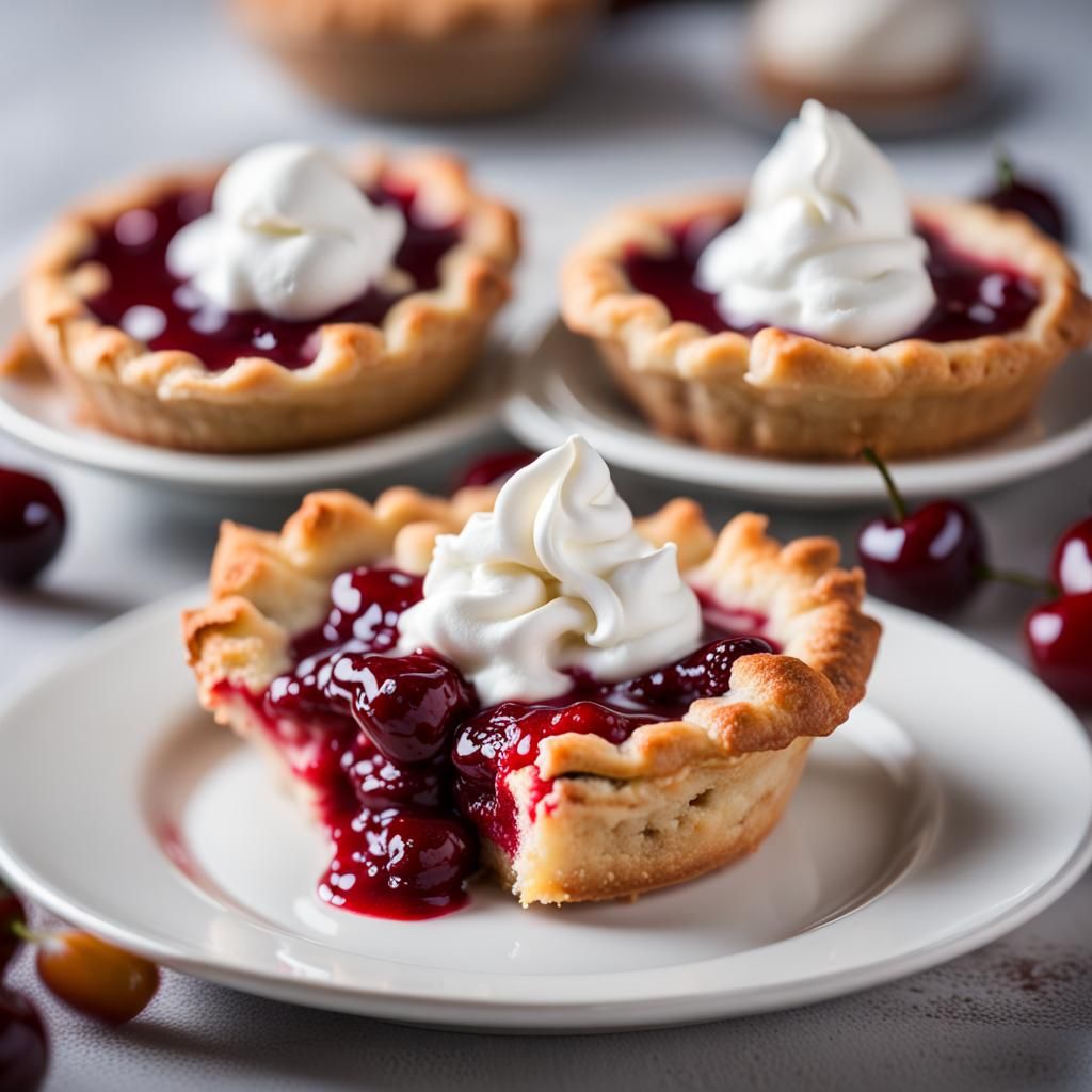 Cherry pies, one with crumbles and whipped cream on top - AI Generated ...