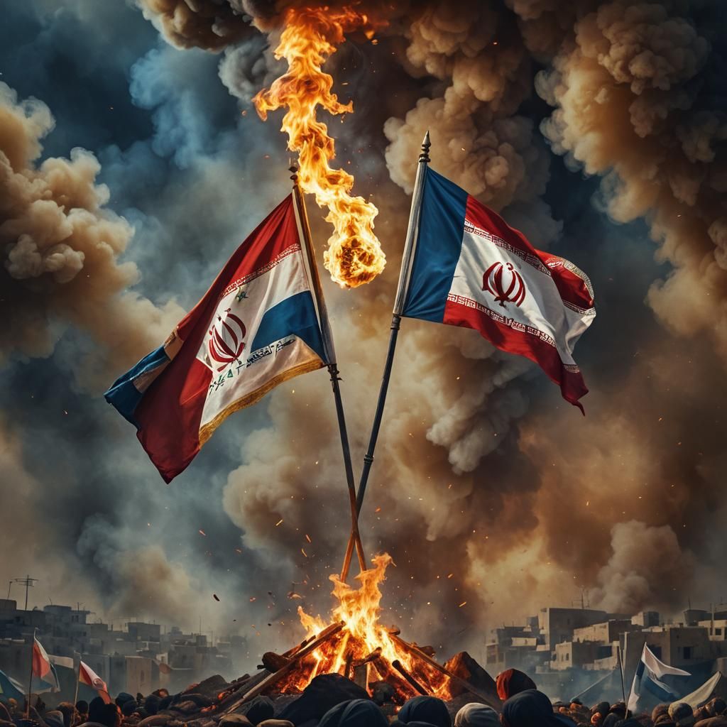 Fantasy Scene of Burning Iran Flag and Smiling Israeli Flag