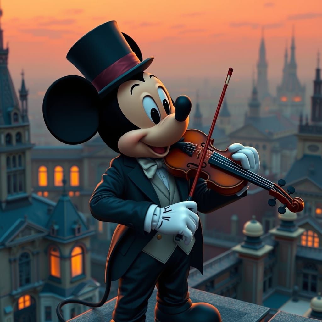 Mickey Mouse Plays Violin on Rooftop in Detailed Matte Paint...