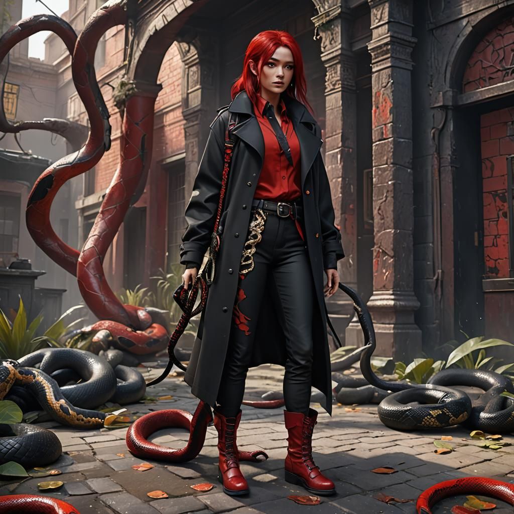 A girl with black hair and red hair. She is wearing a black ...