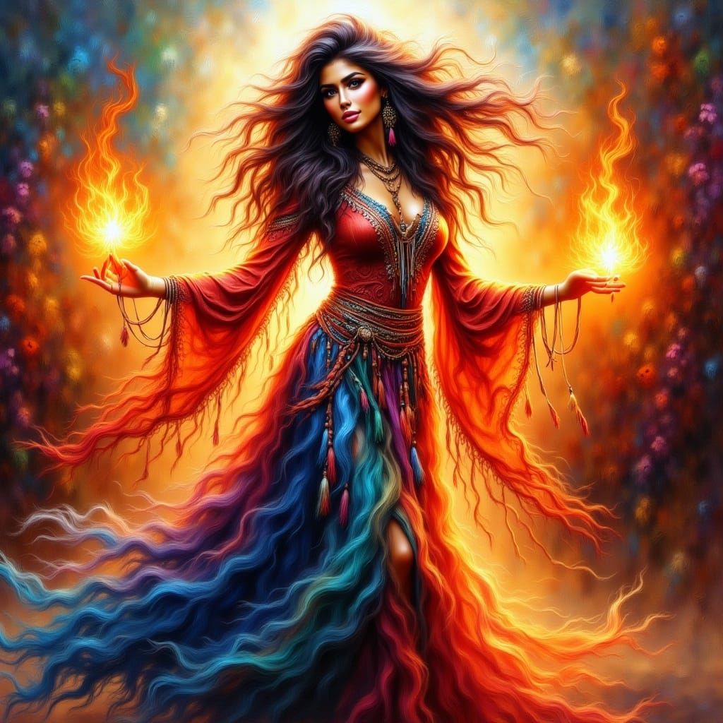  <lora:Beautiful women:1.0> beautiful stunning gypsy woman dancing by firelight magical mystical enchanting fantasy acrylic oil watercolor 