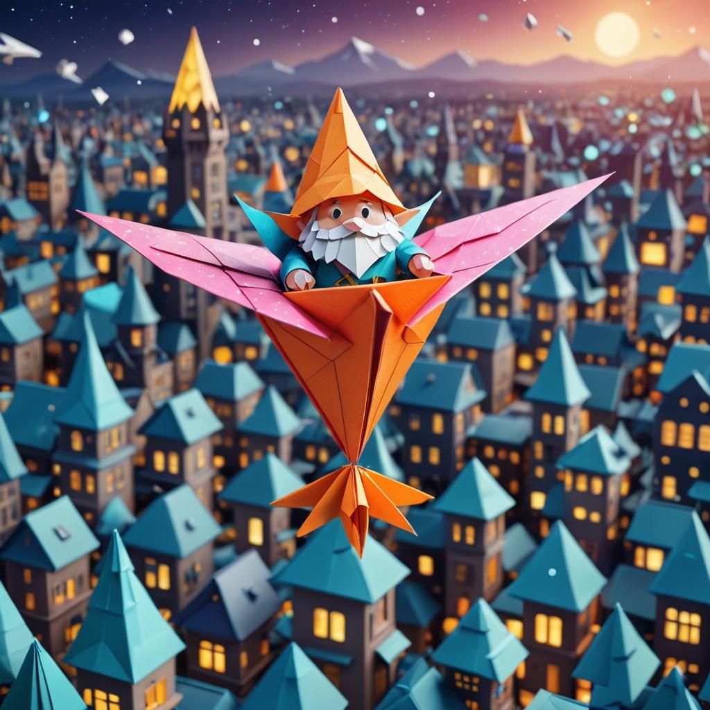 A Gnome Flying Over a Shining City in His Origami Spaceship  by @O Silva NFTs