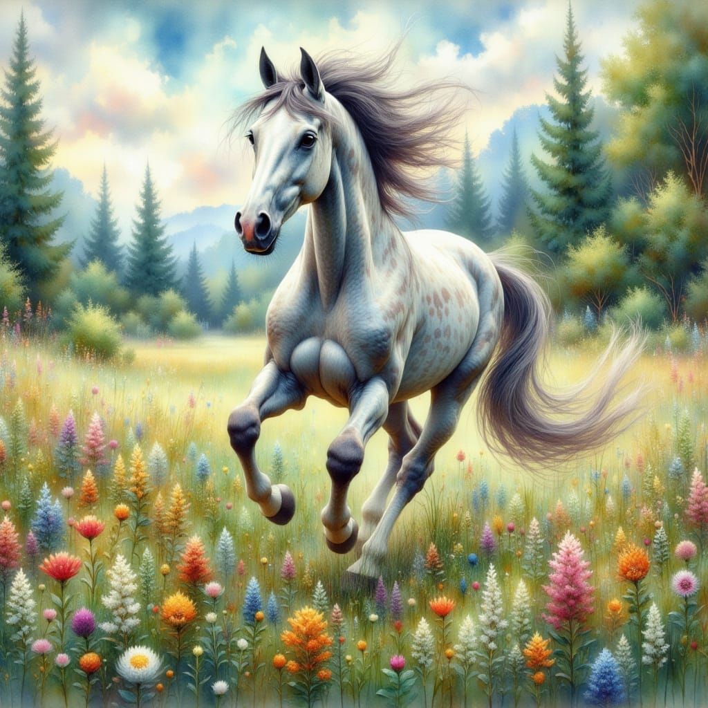 <lora:Impressionistic WC:1.0> hyper detailed intricate hyper realistic dapple grey mare running through tiny beautiful wildflowers